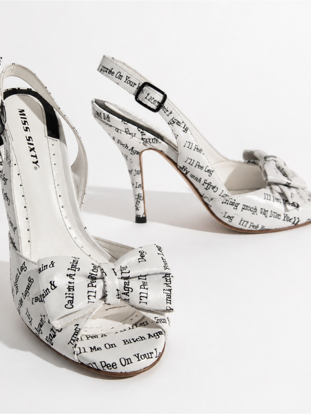Miss Sixty White Text-Print Peep-Toe Slingback Heels with Bow